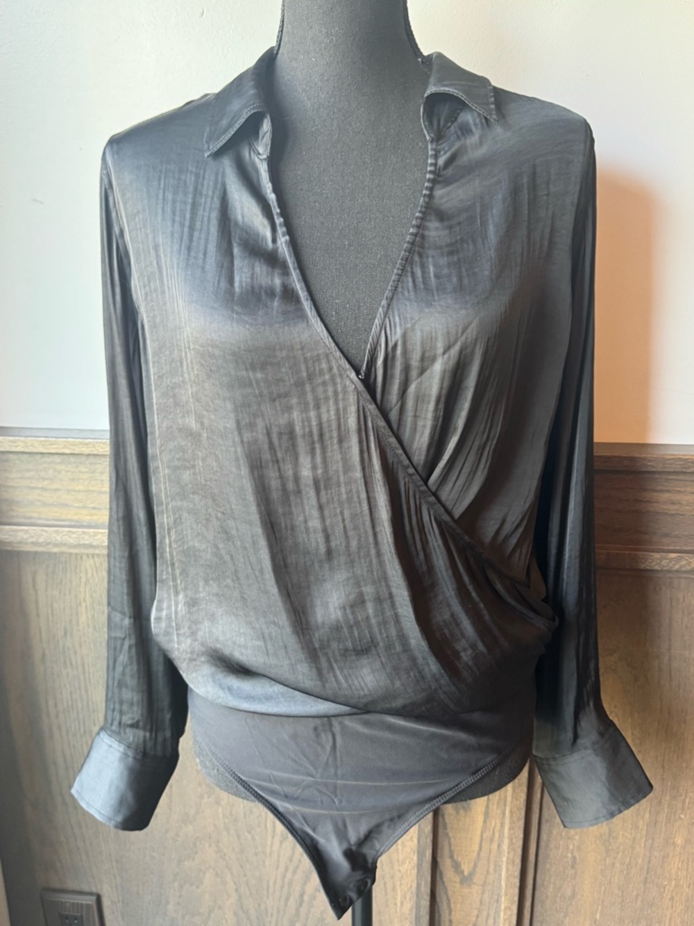 GAP Black Satin-Look Wrap Collar Bodysuit M